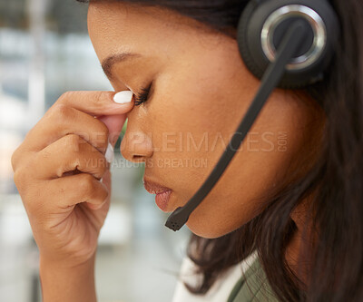 Buy stock photo Headache, stress and call center agent with depression, mental health or anxiety problem in telemarketing, virtual assistant or it support career. Telecom black woman angry, frustrated or sad working