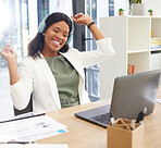 Business, black woman and celebration with headphones, excited and happiness in office. Female entrepreneur, manager or consultant with laptop, corporate deal and target for digital marketing or goal