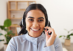 Customer support communication, portrait or call center consultant working on telecom microphone, contact us CRM or IT customer service. Ecommerce business, telemarketing and face of woman consulting