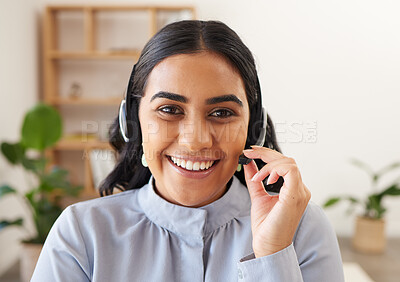 Buy stock photo Customer support communication, portrait or call center consultant working on telecom microphone, contact us CRM or IT customer service. Ecommerce business, telemarketing and face of woman consulting