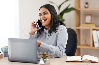 Buy stock photo Phone call communication, laptop and woman talking, networking chat and working for ecommerce business. Secretary receptionist, notebook or event planner with mobile planning corporate company event