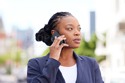 Buy stock photo Phone call, city and business woman with communication strategy, negotiation and networking in outdoor planning, growth and management. Corporate black woman talking on cellphone for entrepreneur job