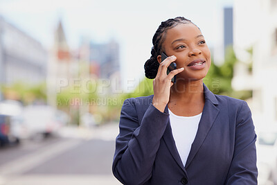 Buy stock photo Phone call, city and mockup with a business black woman talking during her outdoor commute for work. Contact, communication and networking with a female employee using 5g mobile technology to talk