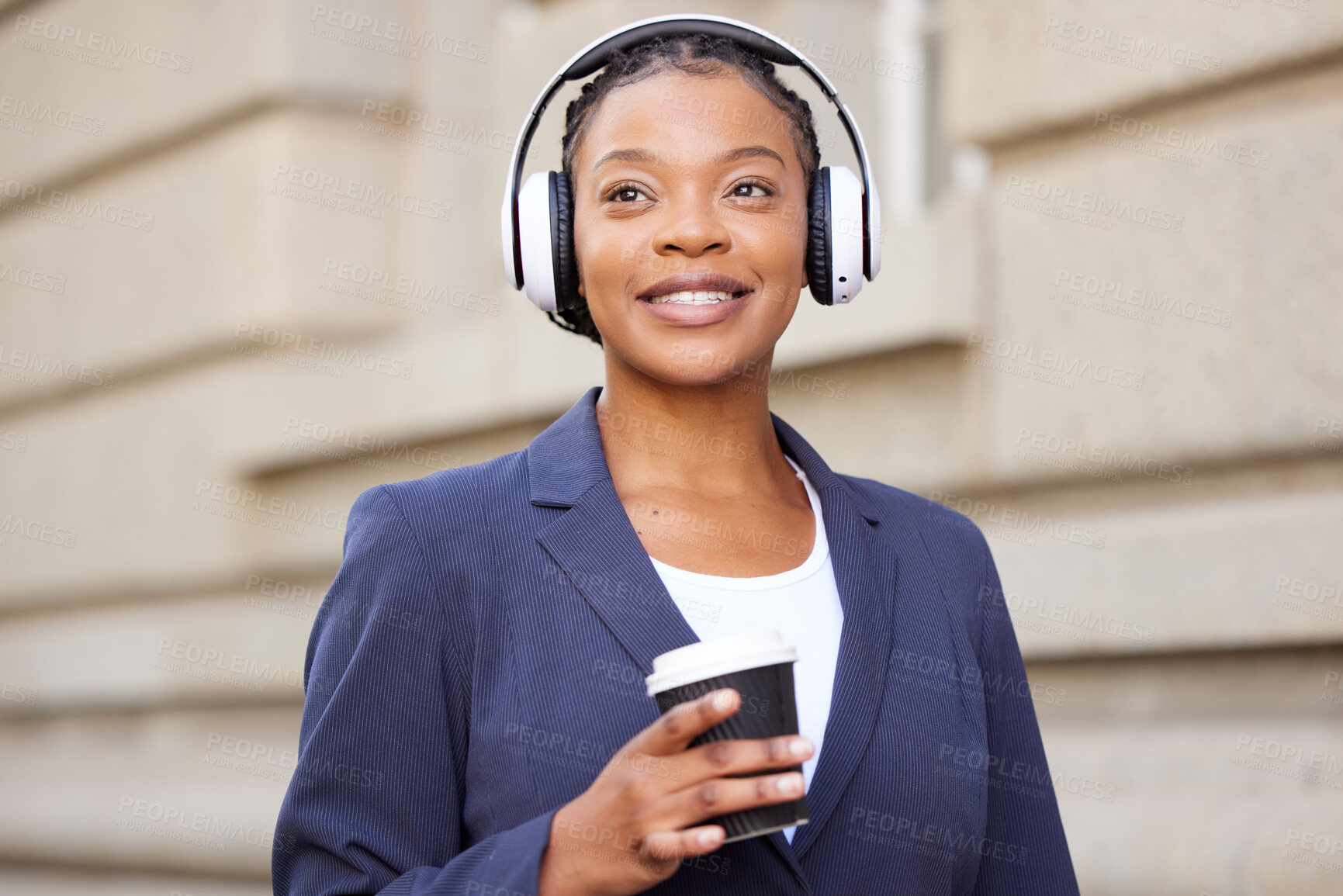 Buy stock photo Business woman, headphones and music with coffee outdoor, travel to work or coffee break with podcast or radio. Black woman on commute, listening with technology and audio streaming in the city.