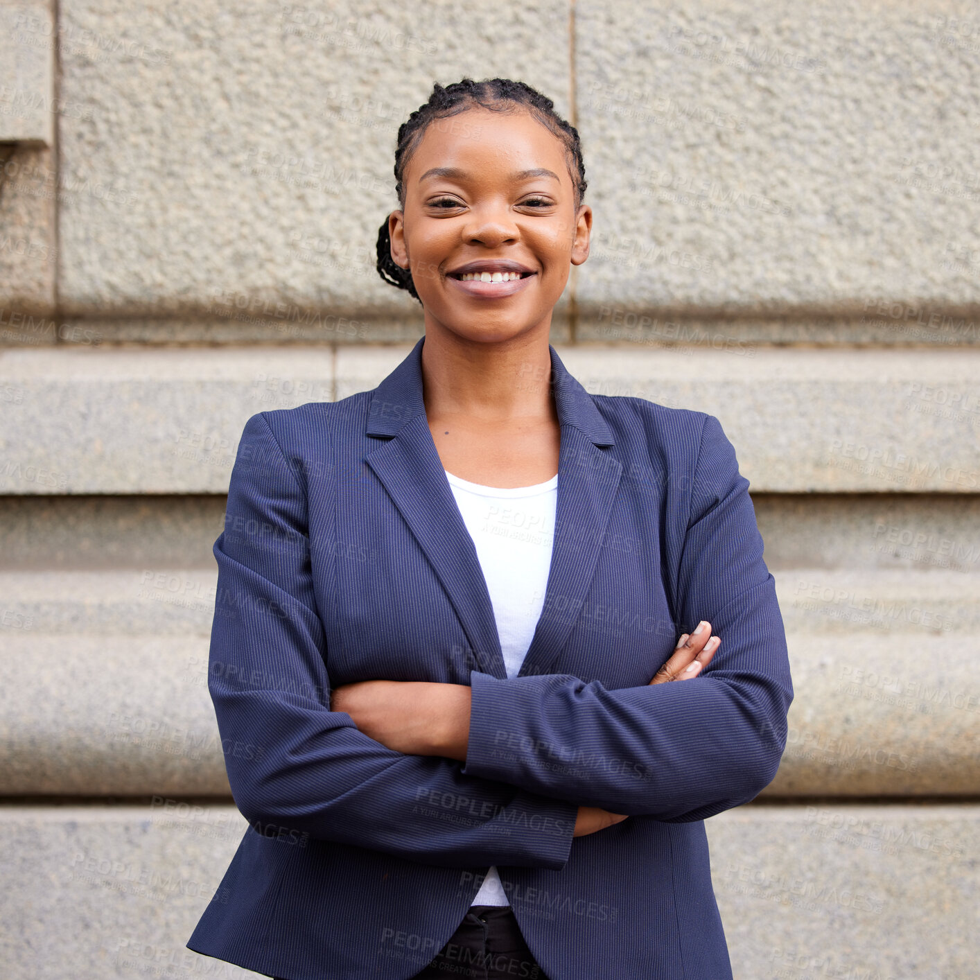 Buy stock photo Mission, vision and mindset with a business black woman standing arms crossed outdoor in the city alone. Success, motivation and growth with a female employee looking confident in an urban town