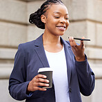 Black woman, phone call and speaker with smartphone and networking with coffee, virtual meeting on coffee break. Communication, technology and business woman with corporate discussion, phone and 5g.