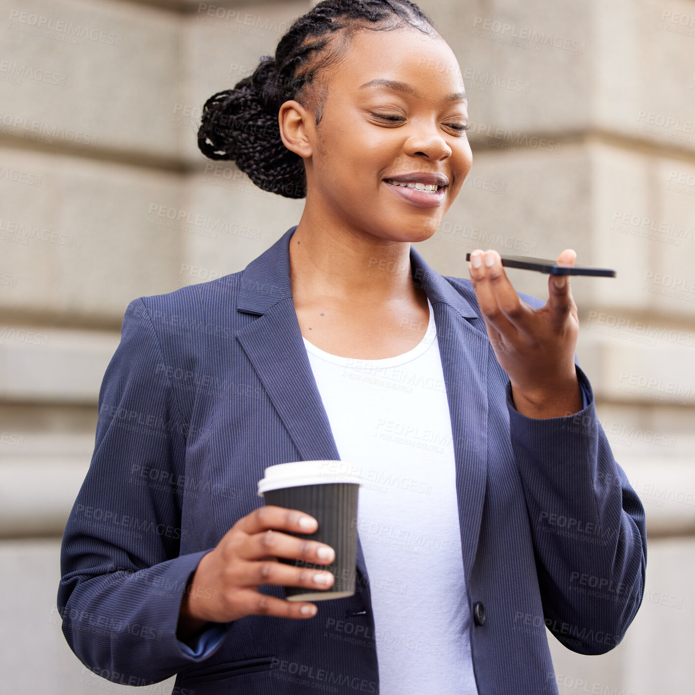 Buy stock photo Black woman, phone call and speaker with smartphone and networking with coffee, virtual meeting on coffee break. Communication, technology and business woman with corporate discussion, phone and 5g.