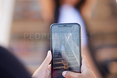 Buy stock photo Hands, phone and picture of woman with shopping bags shopping in the city. Discount deals, sales or pov of friend taking photo of female by stairs at mall with mobile smartphone for social media post