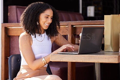 Buy stock photo Woman, cafe and laptop with smile, shopping and ecommerce on internet sale, discount or deal. Black woman, happy and coffee shop with online shopping, computer and web to search, clothes and fashion