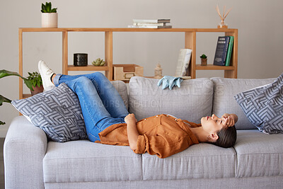 Buy stock photo Tired cleaner woman, sleep and sofa to relax for fatigue, wellness and mental health after cleaning house. Hygiene expert, burnout and sleeping on living room couch for rest, health or stress in home