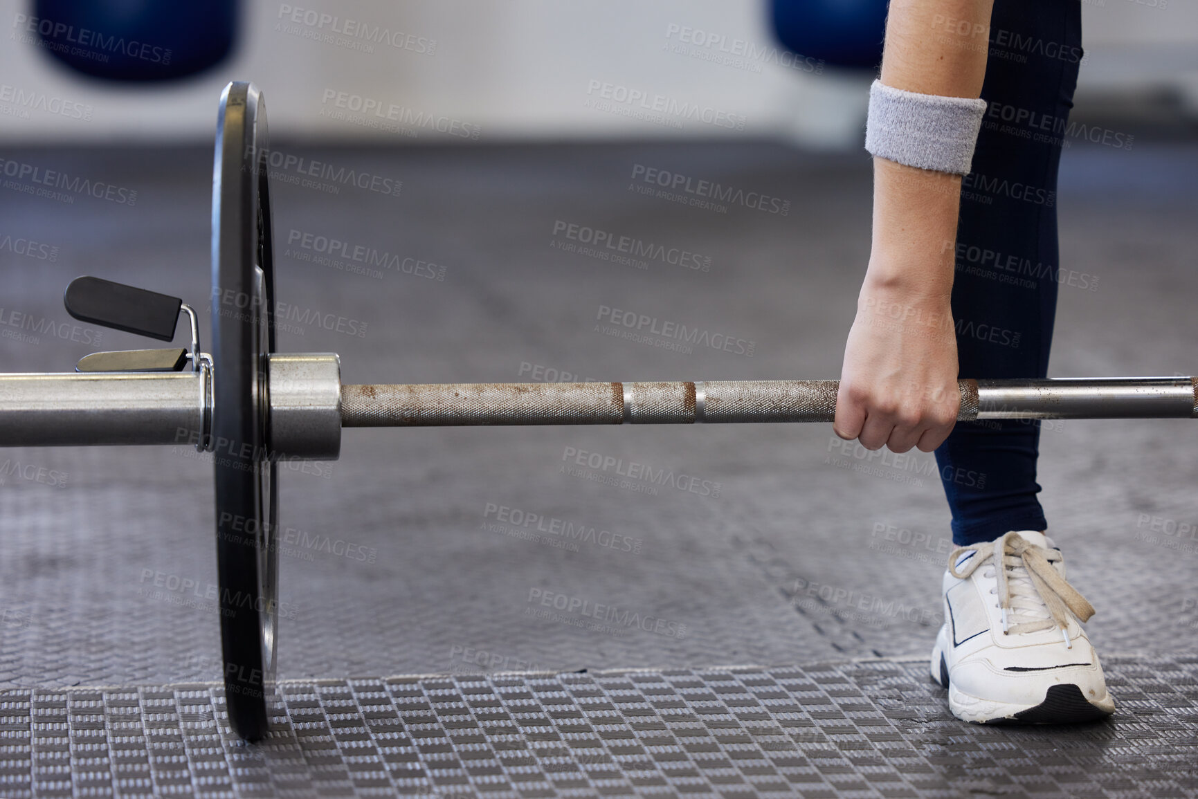 Buy stock photo Barbell, woman hands and weightlifting exercise for fitness, workout and sports challenge in gym. Closeup female athlete, body builder and heavy weights for deadlift, wellness and power