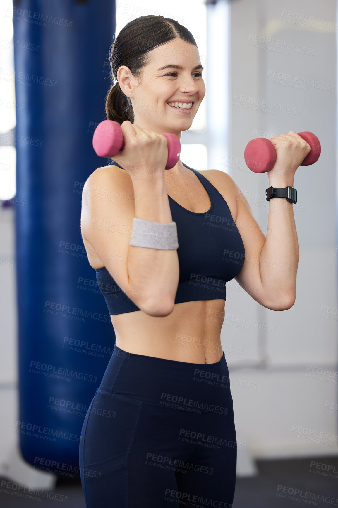 Buy stock photo Fitness, dumbbell weights and woman doing an exercise for arm strength, health and wellness in the gym. Sports, healthy and happy female athlete doing a muscle workout or training in a sport center.