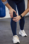 Woman, fitness legs and knee pain in gym for wellness injury, exercise training and medical accident. Athlete workout, joint pain and cardio sports emergency, bone arthritis or body muscle tension