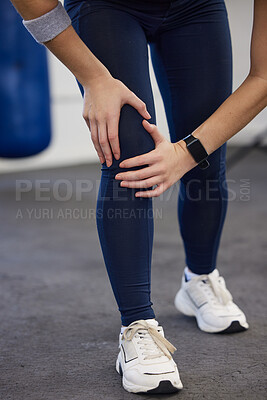 Buy stock photo Woman, fitness legs and knee pain in gym for wellness injury, exercise training and medical accident. Athlete workout, joint pain and cardio sports emergency, bone arthritis or body muscle tension