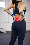 Back pain, red and woman for fitness massage at gym in a running, exercise or workout injury with anatomy, wellness and medical risk. Healthcare, cardio and training pain of woman with sports burnout