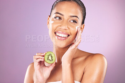 Buy stock photo Cream, kiwi and skincare woman in studio mock up for facial wellness, healthy glow and cosmetics advertising. model smile for vitamin c, nutrition or green fruit of dermatology product and self love