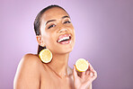 Beauty, portrait and black woman with lemon for facial skincare glow, vitamin c detox and wellness. Fruit, natural spa dermatology and nutritionist girl with health food, citrus product and self care