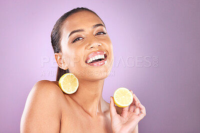 Buy stock photo Beauty, portrait and black woman with lemon for facial skincare glow, vitamin c detox and wellness. Fruit, natural spa dermatology and nutritionist girl with health food, citrus product and self care