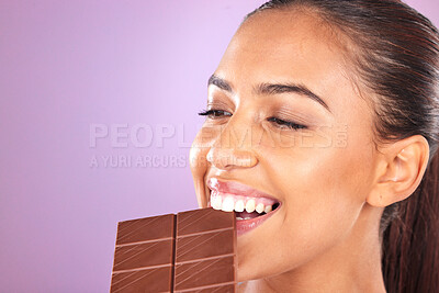 Buy stock photo Chocolate, diet and woman, eating with beauty closeup and healthy candy, skin with luxury nutrition. Wellness, food and skincare mockup with natural cosmetics for face, teeth and mouth with cacao