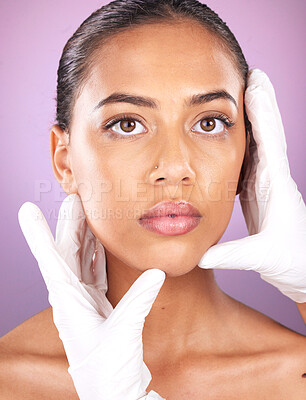 Buy stock photo Plastic surgery, patient and hands of doctor check client face for botox, beauty implant or microblading. Medical consultation, cosmetics lip filler and portrait of black woman for facial aesthetic