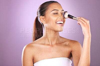 Buy stock photo Beauty, cosmetics and woman with brushes for makeup on purple background for skincare, fashion and style. Cosmetology, aesthetic and girl with brush set for foundation, beauty products and facial