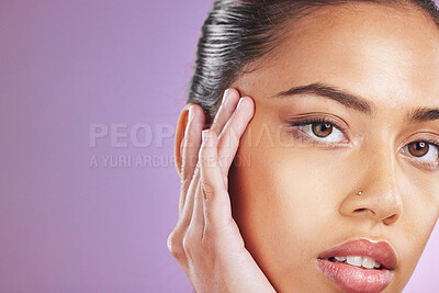 Buy stock photo Skincare, beauty and woman with hands on face for cosmetics, beauty products and dermatology. Luxury spa, makeup and girl portrait on purple background for wellness, facial treatment and aesthetic
