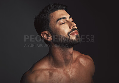 Buy stock photo Skincare, face and man with beauty, dermatology and detox for wellness, luxury and cosmetics on studio background. Male, guy or natural body care for grooming, treatment or routine for organic facial