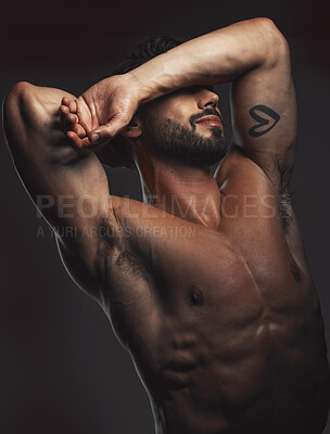 Buy stock photo Man, body or muscle on black background in studio for fitness goals, workout or training motivation and physical wellness check. Bodybuilder, sports athlete or model flexing on aesthetic backdrop