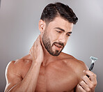 Razor, beauty or man in studio to shave beard in grooming marketing razor hair care products. Self care, studio background or healthy male model shaving for good skincare in morning routine treatment