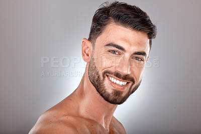 Buy stock photo Beauty, skincare and portrait of man with smile on gray background studio for wellness, healthcare and hygiene. Cosmetics, grooming and face of male model for dentistry, body care and spa treatment