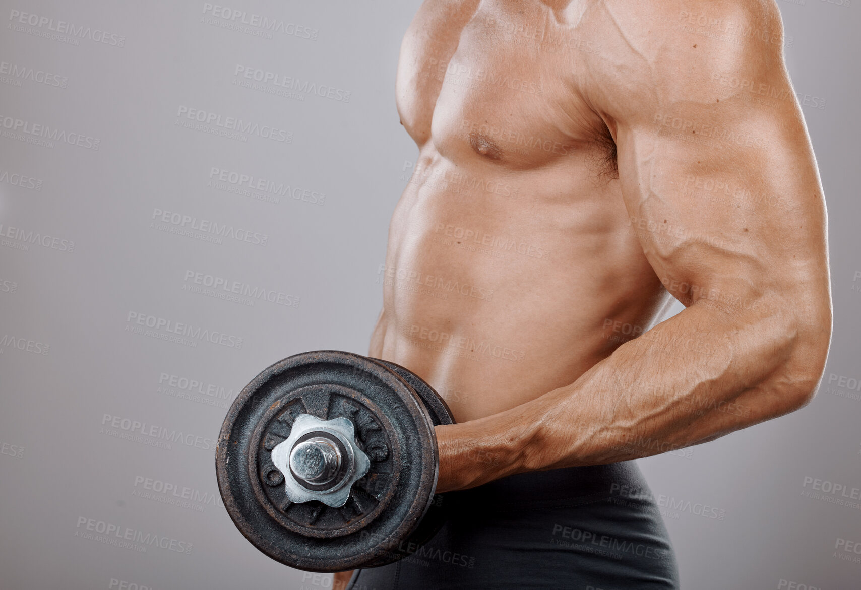 Buy stock photo Fitness, health and dumbbell with arm of man and mockup for weightlifting, exercise and stamina endurance. Workout, strong and muscle with bodybuilder model and weights for gym, power and sports