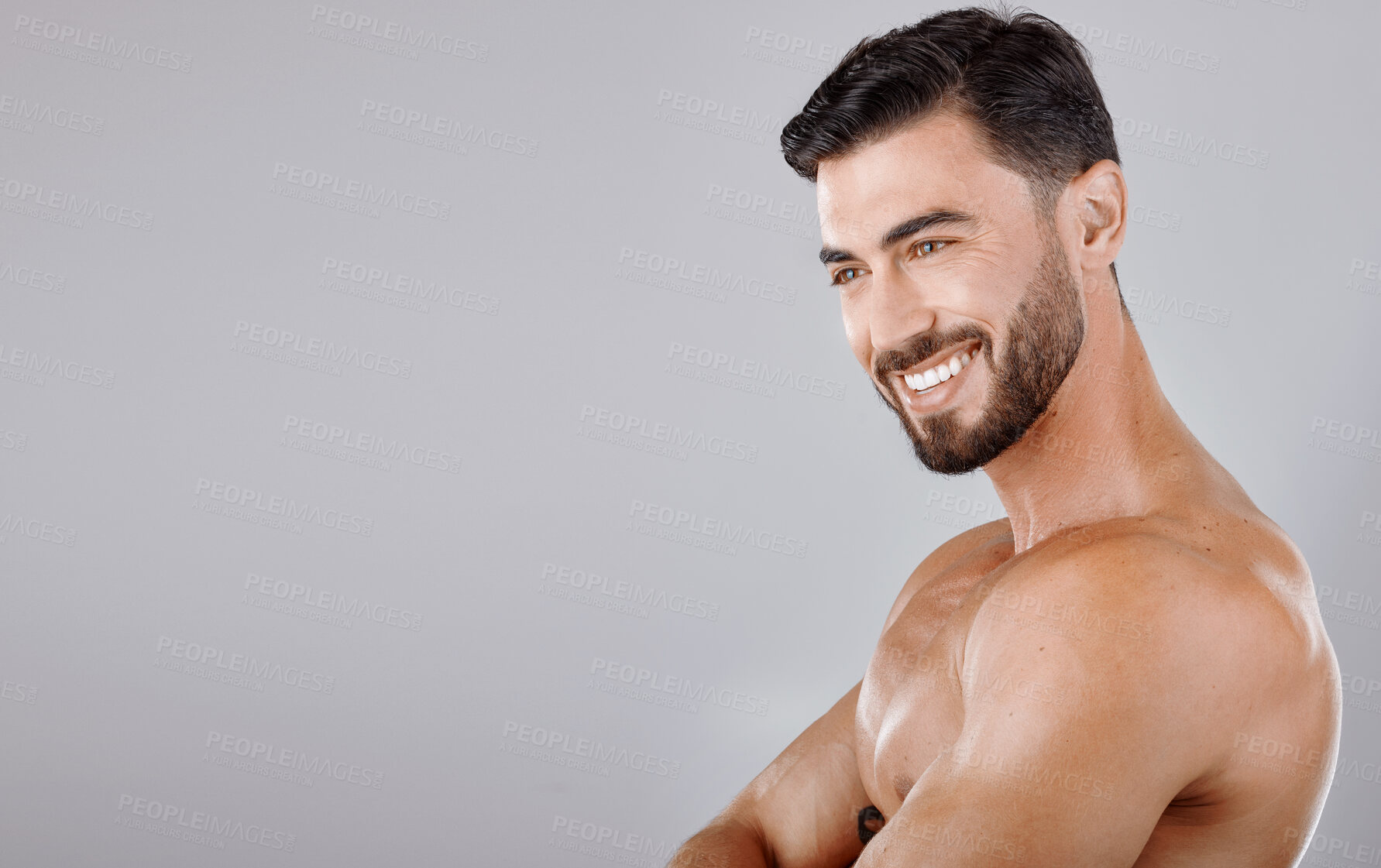 Buy stock photo Man, face and smile with beauty and skincare, muscle and glow with cosmetic skin treatment against studio background. Grooming, hygiene and body cleaning mockup with natural cosmetics and wellness