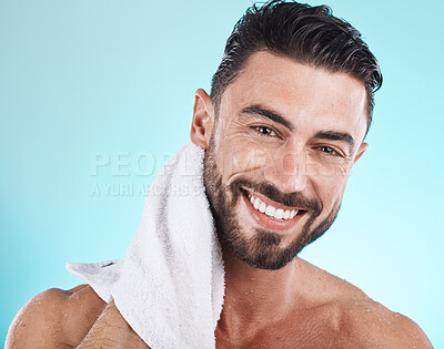 Buy stock photo Shower towel, portrait and man cleaning face for morning dermatology treatment, luxury bathroom routine or beauty self care. Spa salon, wellness and model with facial healthcare, skincare and hygiene