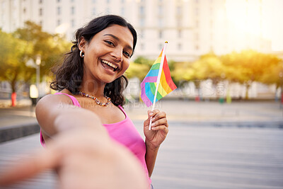 Buy stock photo Selfie, lgbtq event and woman with a flag for sexuality freedom, happy celebration and gay rights at a festival in the city of Germany. Smile, photo and portrait of a girl at a pride street party