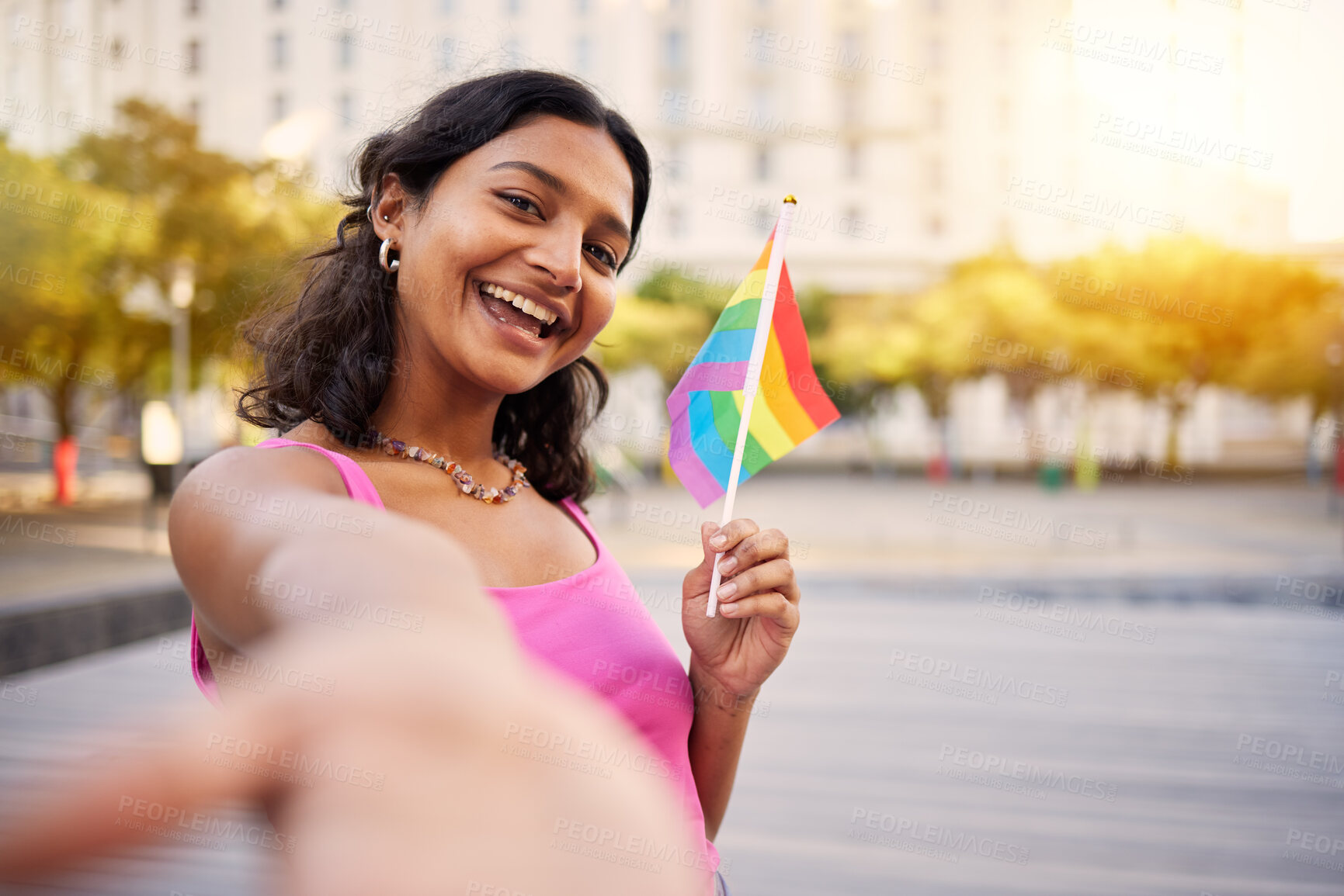Buy stock photo Selfie, lgbtq event and woman with a flag for sexuality freedom, happy celebration and gay rights at a festival in the city of Germany. Smile, photo and portrait of a girl at a pride street party