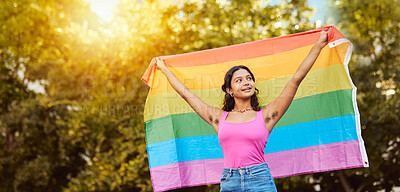 Buy stock photo Love, nature and woman with pride flag, smile happy non binary lifestyle of freedom, peace and equality in Brazil. Trees, sun and summer fun for happy woman in lgbt community with flag for gay pride.