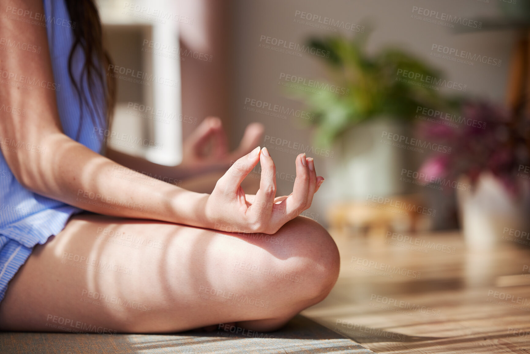 Buy stock photo Meditation, woman does yoga with mindfulness and lotus pose zoom, sunshine with zen and peace mockup. Positive energy, balance and chakra, spiritual wellness and self care. Relax, calm and body care