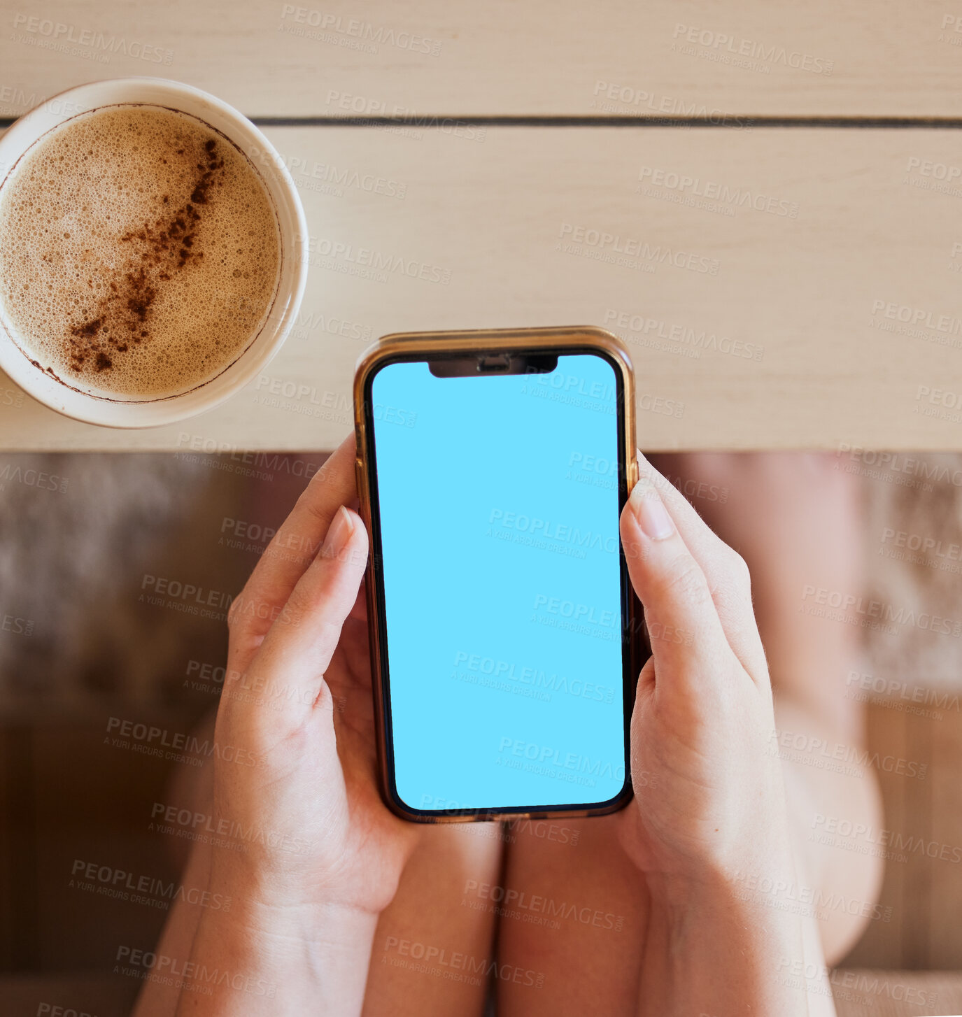 Buy stock photo Coffee, phone and hands of girl with green screen mock up at home to relax with online app zoom. Streaming, social media or news advertising screen with smartphone and drink of woman on internet

