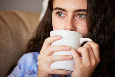 Buy stock photo Relax, calm and woman drinking coffee in the living room on a sofa in her modern house in Australia. Weekend, thinking and lady enjoying a cup of a warm caffeine or tea beverage in her lounge.