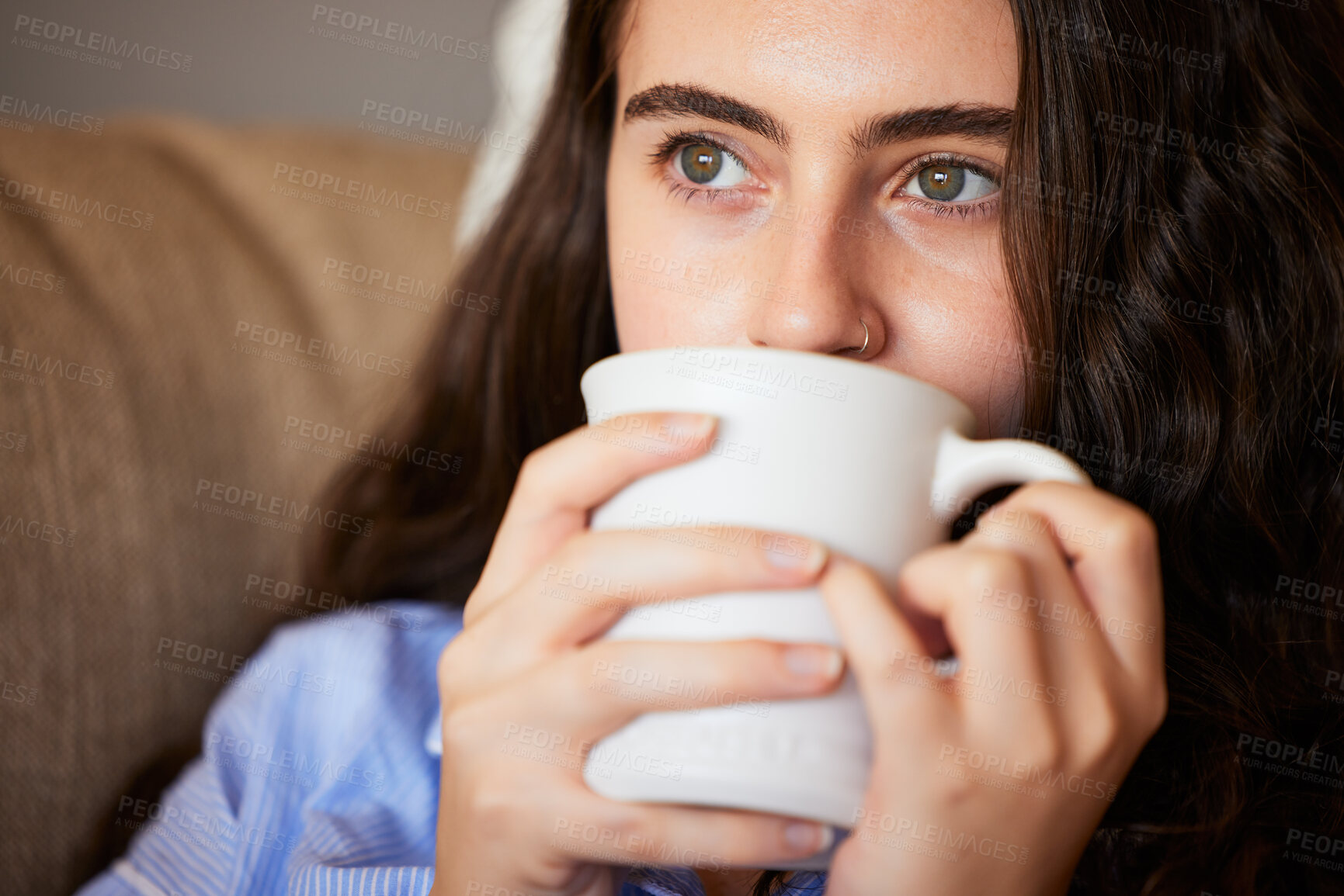 Buy stock photo Relax, calm and woman drinking coffee in the living room on a sofa in her modern house in Australia. Weekend, thinking and lady enjoying a cup of a warm caffeine or tea beverage in her lounge.