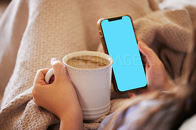 Buy stock photo Mockup phone, coffee and woman reading screen with mobile chat, online communication and news. Brand space, app and hands of girl with a drink and cellphone for connection, media and branding