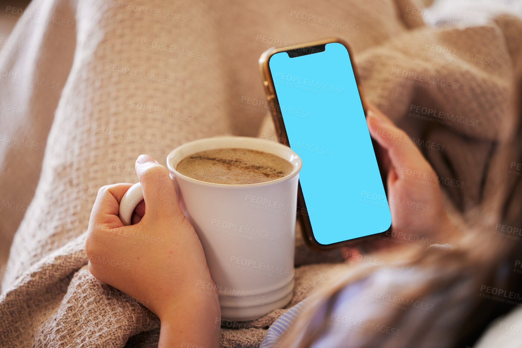 Buy stock photo Mockup phone, coffee and woman reading screen with mobile chat, online communication and news. Brand space, app and hands of girl with a drink and cellphone for connection, media and branding