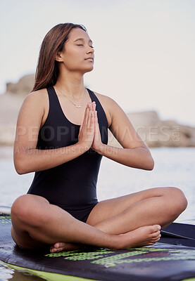 Buy stock photo Surfing, yoga and ocean of woman with prayer hands for peace, zen and relax energy in fitness, exercise or workout mindfulness. Spiritual, balance and meditate surfer in healing, wellness and health