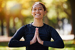 Woman, portrait and namaste meditation at park, wellness and freedom of chakra energy, zen fitness or peace in Colombia. Happy girl, yoga exercise or praying in nature for mental health, hope or mind