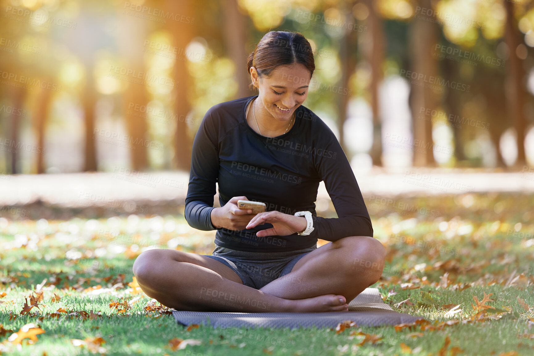 Buy stock photo Fitness, phone and woman with watch in nature to track training time, workout schedule and progress in Australia. Communication, health and athlete with mobile and smart watch for exercise in a park