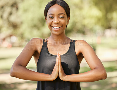 Buy stock photo Portrait, yoga and meditation with a black woman in nature for mental health, wellness or zen fitness. Park, exercise and mindfulness with a female athlete looking for inner peace or balance outside