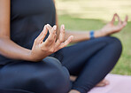 Hands, meditation and yoga with a black woman on an exercise mat outdoor in nature for health or wellness. Fitness, park and summer with a female athlete or yogi meditating outside for balance