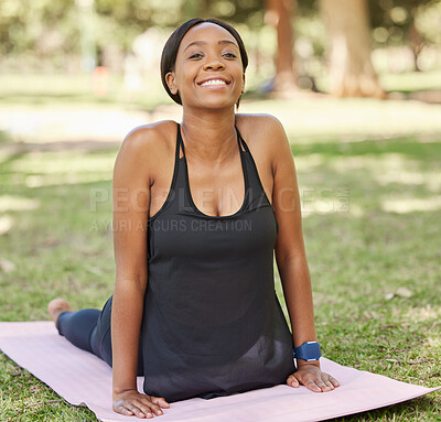Buy stock photo Cobra stretching, woman and portrait in park for exercise, workout and relax training in nature. Happy black girl, yoga and flexible body fitness in garden of wellness, healthy goals  and zen energy