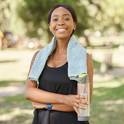 Buy stock photo Portrait of black woman in park with water and smile in nature for health, fitness goals and healthy mindset. Exercise, zen and yoga, happy face on woman ready for pilates workout training on grass.
