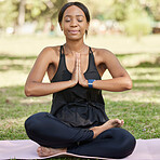 Yoga, black woman meditation in park and mindfulness, zen outdoor in nature. Peace, spiritual energy and chakra balance with self care and stress relief. Fitness, wellness with body care and namaste